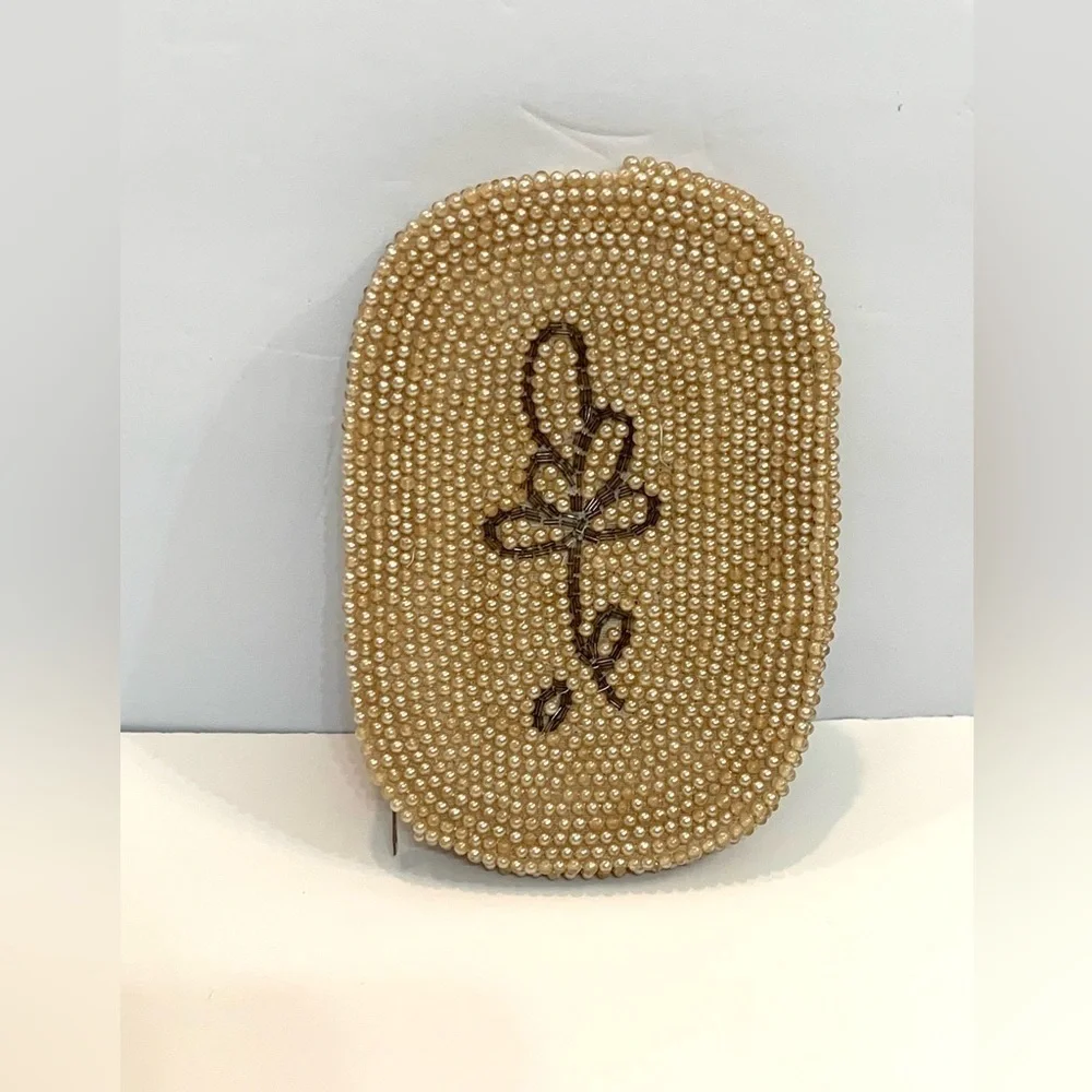 VTG 1950s Japan Faux Pearl Beaded Clutch 50s Formal Small Floral Evening Bag